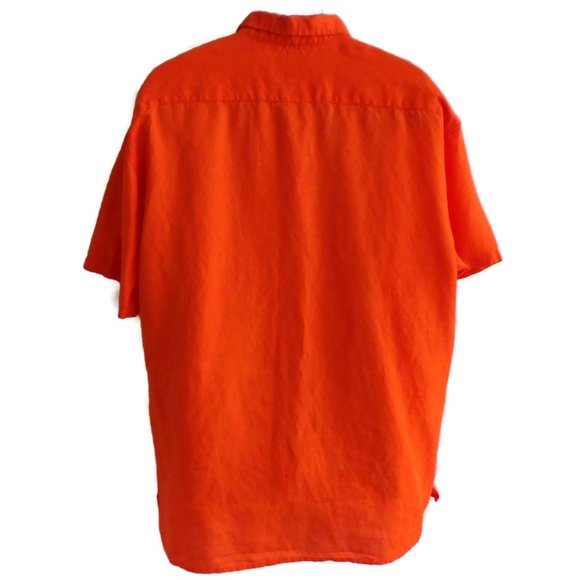 Linen Blend Shirt Neon Orange Button Up Short Sleeve XXL Mens Side Vents Pocket - Picture 3 of 7